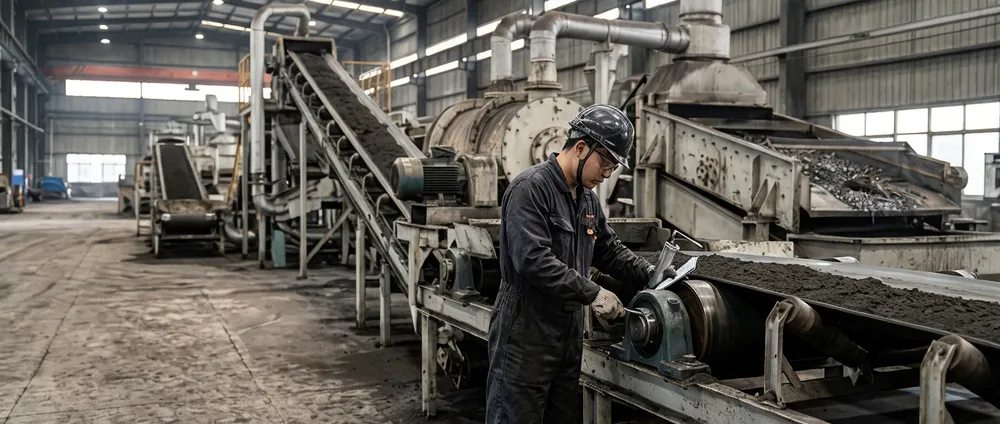 Maintenance technician performing daily inspection on clay sand reclamation line bearing housings and conveyor systems