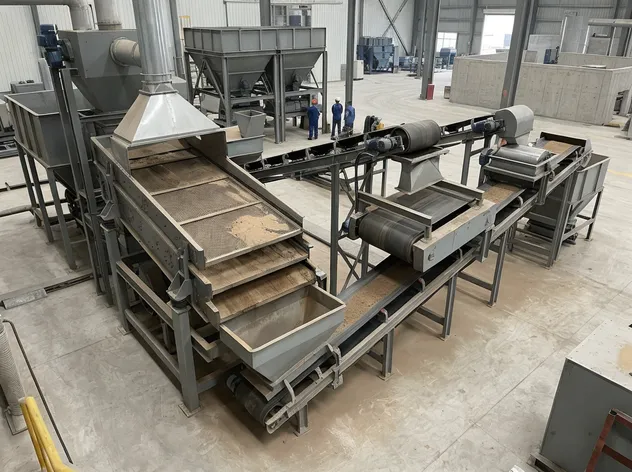 Mid-volume clay sand reclamation configuration with dual magnetic separators and three-deck vibrating screen — 8 to 12 tons per hour capacity