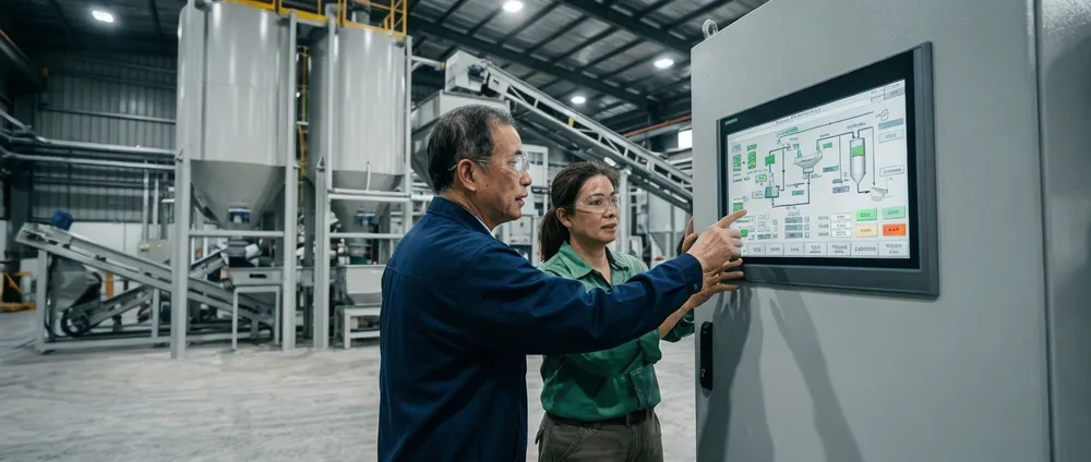 Operator training session on PLC touchscreen interface during TZFoundry reclamation line commissioning