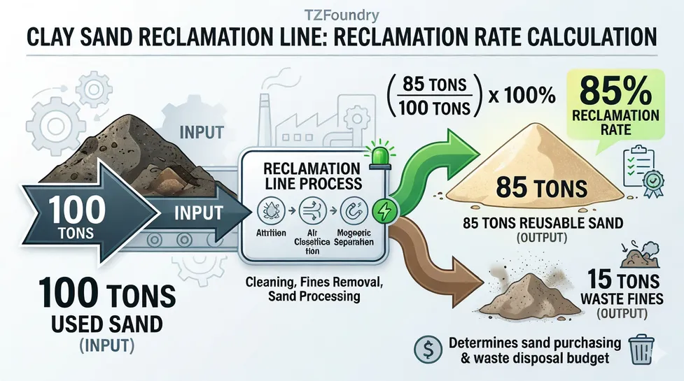 Diagram showing reclamation rate calculation — 100 tons input sand yields 85 tons reusable sand and 15 tons waste fines