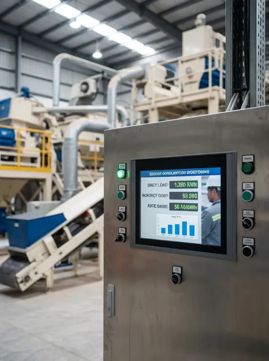 Control panel monitoring energy consumption on a clay sand reclamation system