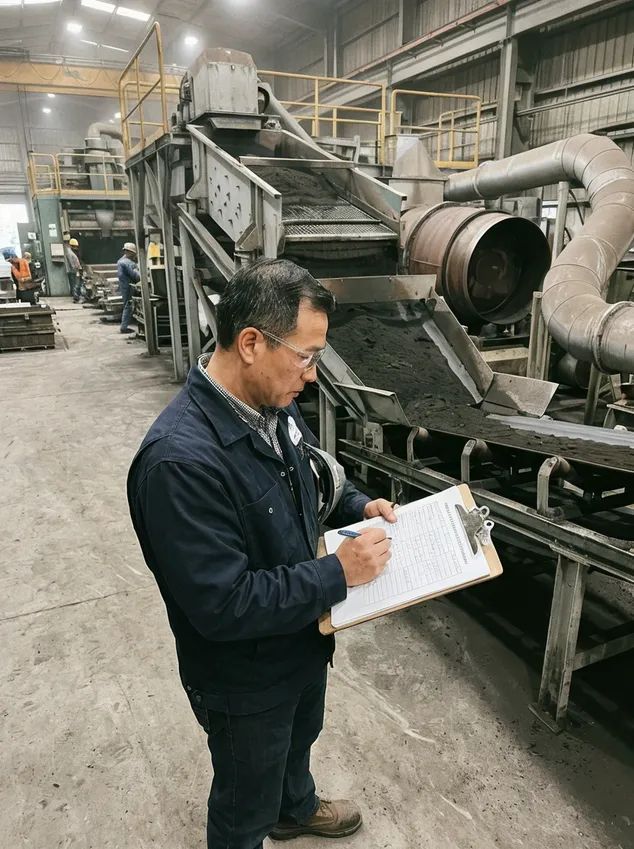 Engineer reviewing reclamation system specifications checklist on foundry floor