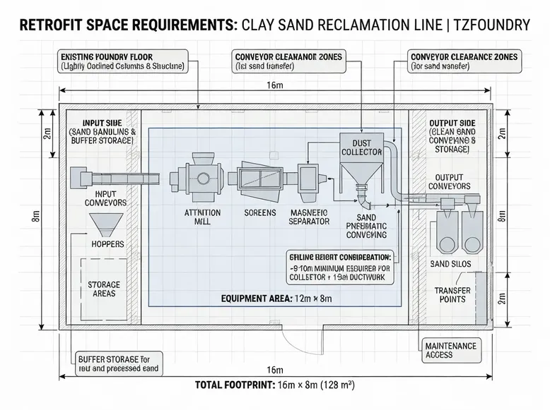 Floor plan showing retrofit space requirements for a clay sand reclamation system in an existing foundry — 16m × 8m total footprint with conveyor clearance zones