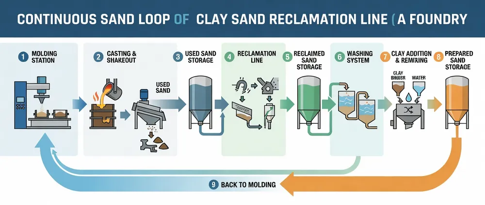 Clay sand reclamation line material flow diagram showing the complete sand loop from molding station through shakeout, reclamation, washing, remixing, and back to molding