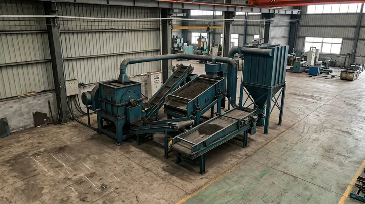 Small-volume clay sand reclamation system layout showing single attrition mill, vibrating screen, magnetic separator and dust collector in an 8m by 6m footprint