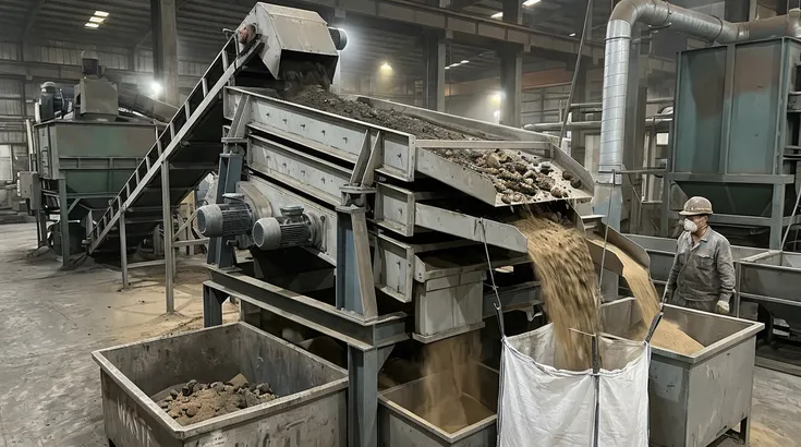 Multi-deck vibrating screen separating reclaimed sand into coarse, fine, and waste fractions