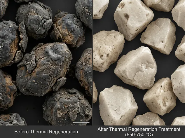Microscopic view of burnt clay coating on sand grains before and after thermal regeneration treatment