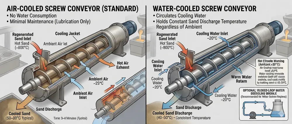 Comparison of air-cooled and water-cooled screw conveyor systems for sand regeneration cooling, showing jacketed auger design with ambient air flow versus circulated cooling water