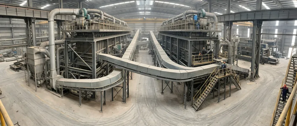 High-capacity parallel fluidized bed clay sand regeneration system showing dual-bed configuration with enclosed conveyor routing