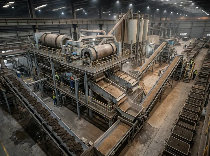 High-volume continuous casting foundry running 24/7 with clay sand regeneration system processing 50+ tons per day