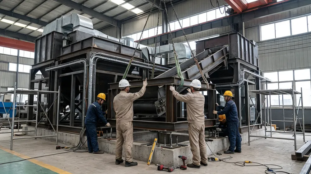 TZFoundry technicians assembling clay sand regeneration line modules on-site with rigging equipment