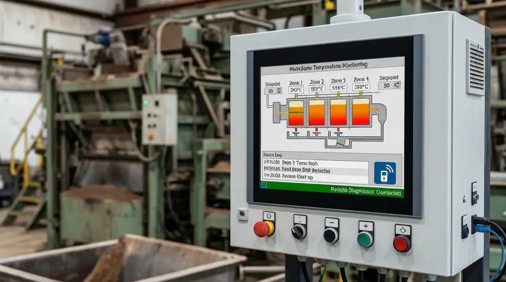 PLC control panel for clay sand regeneration system showing multi-zone temperature monitoring, alarm logging interface, and remote diagnostics capability