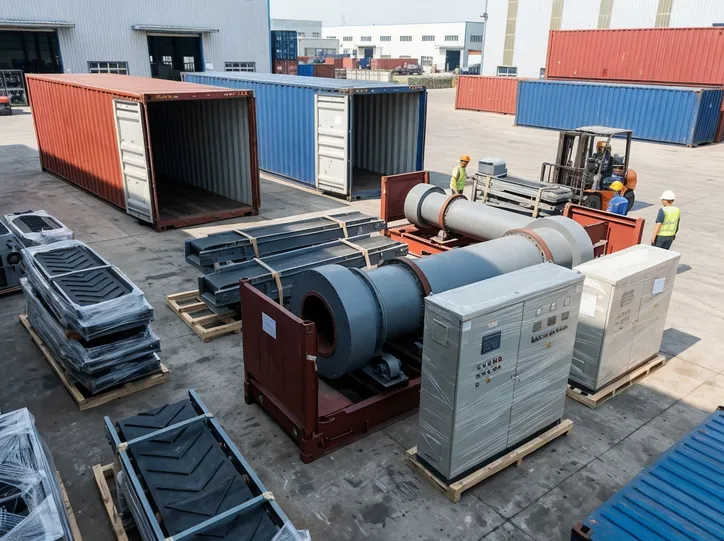 Clay sand regeneration system modules packed for container shipping — furnace sections, conveyors, and control cabinets staged for 40-foot container loading