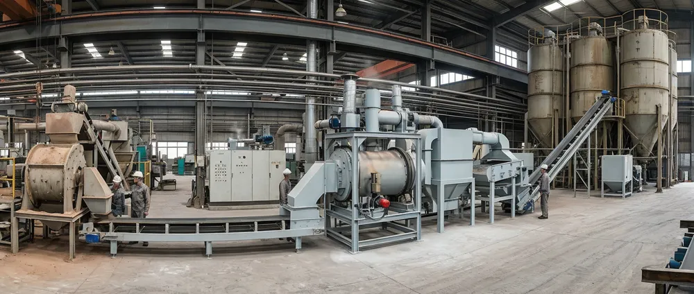 Retrofit integration layout showing clay sand regeneration line positioned between mechanical reclamation discharge and sand storage silos