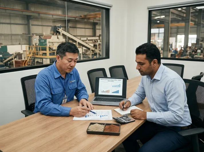 TZFoundry engineer reviewing clay sand regeneration system ROI analysis with foundry client