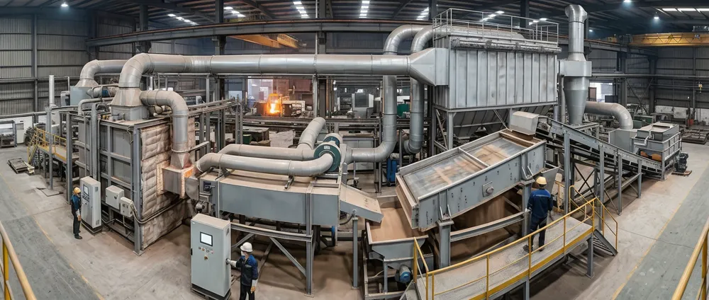 Clay sand regeneration line technical specifications — thermal furnace module, sand cooling section, vibrating screen, and dust collection system