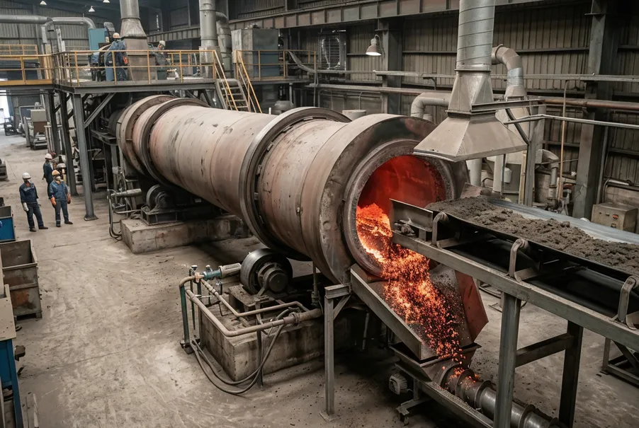 Rotary kiln thermal treatment — sand heated to 650-850°C to burn off bonded impurities