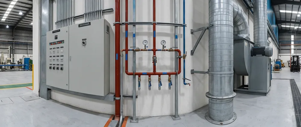 Clay sand regeneration line utility connection points — electrical panel, compressed air manifold, and exhaust ventilation ductwork