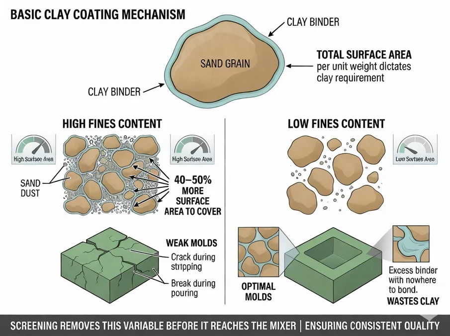 Diagram showing how clay binder coats sand grain surfaces and the effect of varying fines content on available surface area