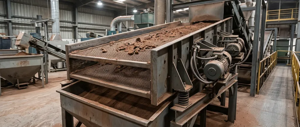 Clay sand vibrating screen showing mesh deck configuration and motor assembly for foundry sand classification