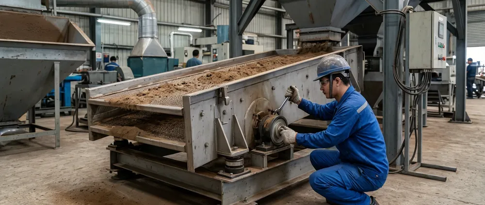 TZFoundry clay sand vibrating screen during commissioning — technician adjusting vibration amplitude with test sand batch running through mesh deck