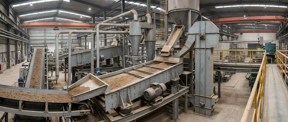 Four conveyor interface types for clay sand vibrating screens — belt conveyor with spread chute, pneumatic with cyclone separator, bucket elevator from below, and gravity chute with slide gate