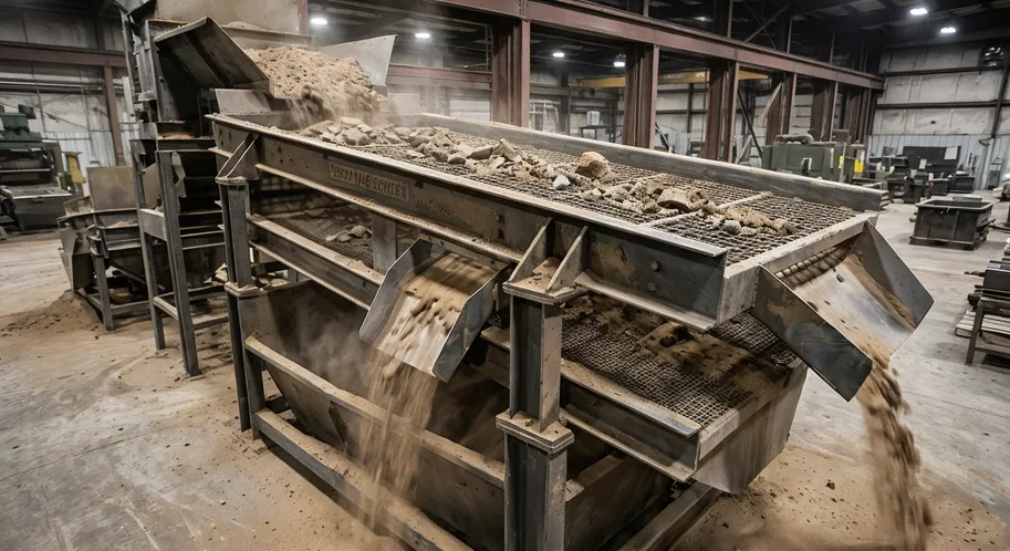 Dual-deck vibrating screen configuration — top deck removes oversize, bottom deck extracts fines, usable sand exits between layers