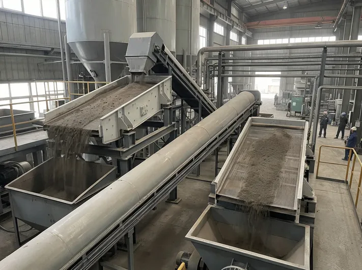 Dual-stage vibrating screen configuration showing post-reclamation and pre-mixing screen positions in a clay sand processing line