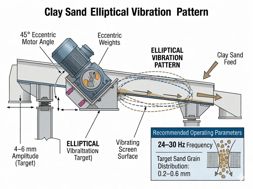 Diagram showing elliptical vibration pattern created by 45-degree eccentric motor mount on clay sand vibrating screen