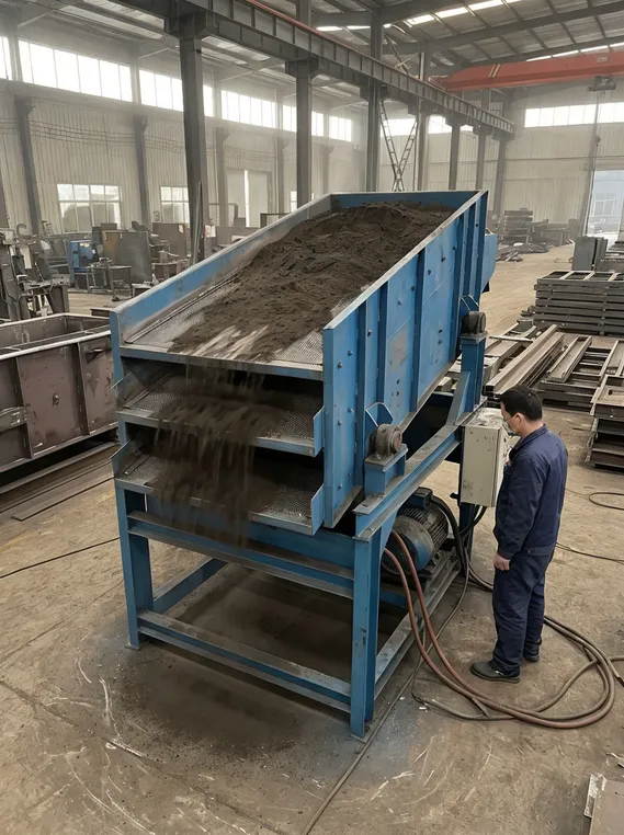 Clay sand vibrating screen undergoing a 2-4 hour factory test run with sand loaded before shipment