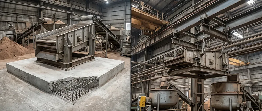 Side-by-side comparison of floor-mounted and suspended vibrating screen installation configurations showing foundation slab requirements and overhead steel mounting brackets