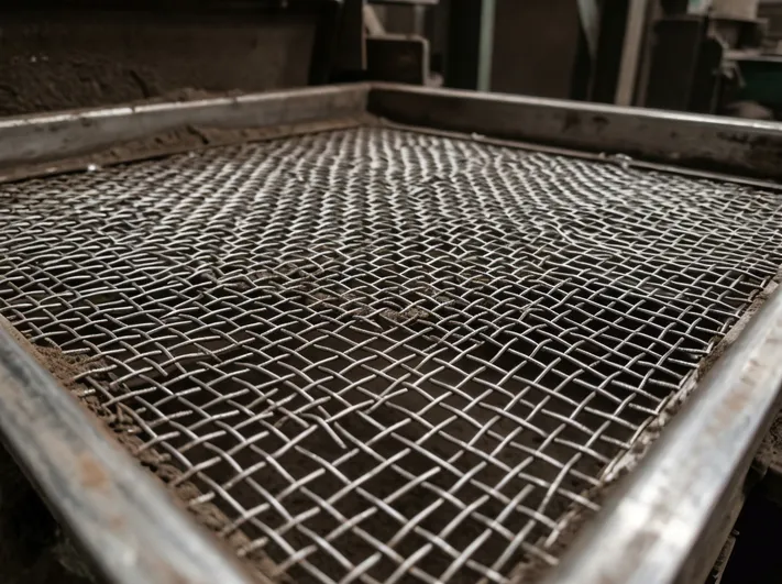Close-up of vibrating screen mesh showing wire weave pattern used in clay sand screening