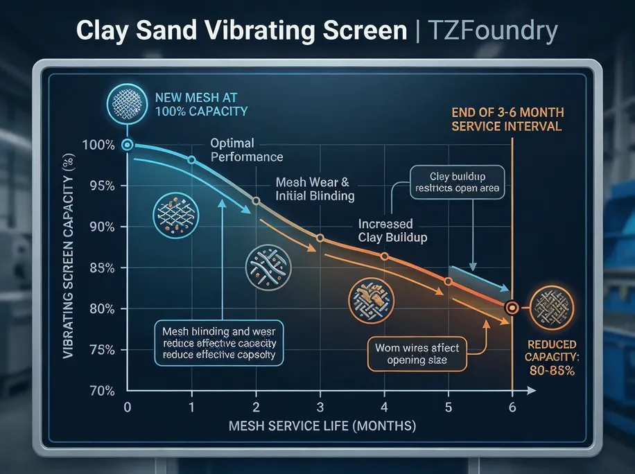Chart showing vibrating screen capacity degradation over mesh service life — new mesh at 100% capacity declining to 80-85% by end of 3-6 month service interval