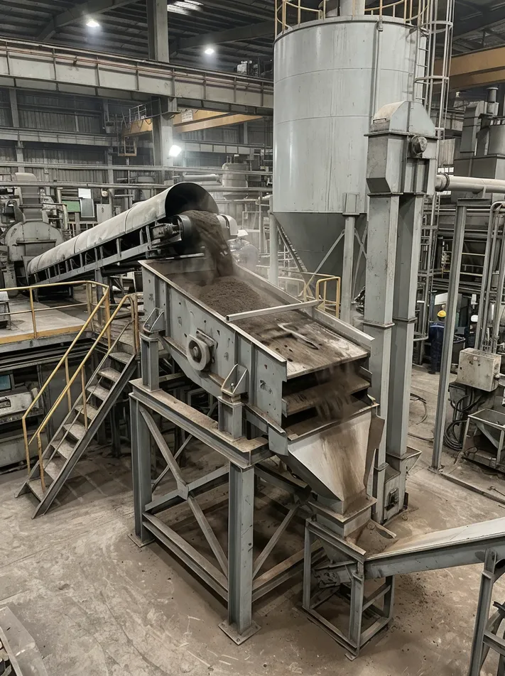 Vibrating screen installed in the post-reclamation position, receiving hot sand from attrition mill discharge conveyor and feeding into storage silo