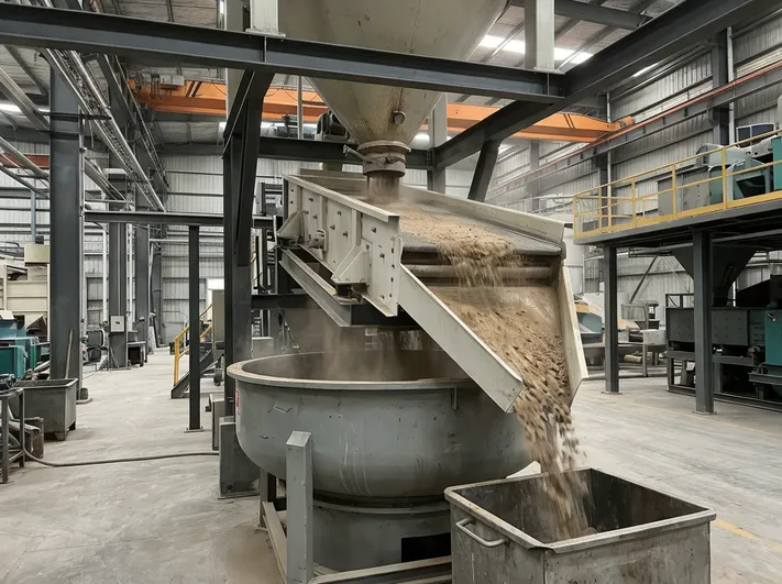 Clay sand vibrating screen mounted above mixer inlet receiving gravity-fed sand from storage silo, with oversize discharge chute visible