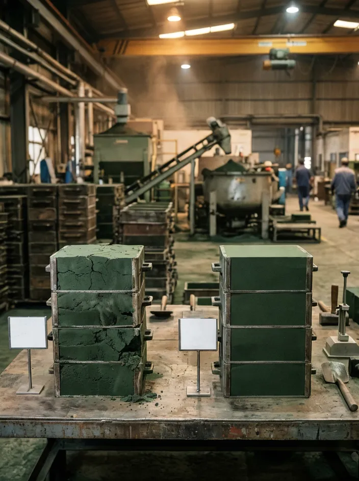 Comparison showing effects of unscreened sand on mold consistency — variable fines content leading to inconsistent mold strength