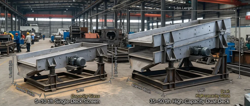 Side-by-side dimensional comparison of single-deck and dual-deck clay sand vibrating screens showing relative size differences across capacity classes