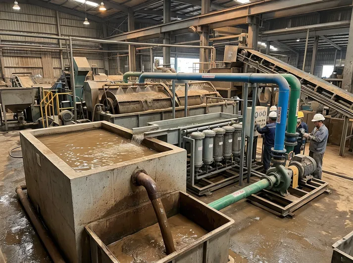 Closed-loop water recycling system with settling tank, filtration stage, and return pump for clay sand washing line