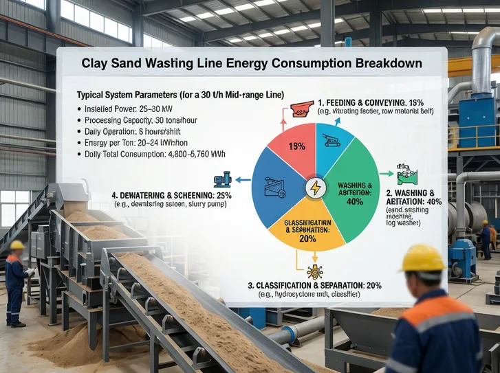 Energy consumption breakdown for a clay sand washing line showing power distribution across subsystems