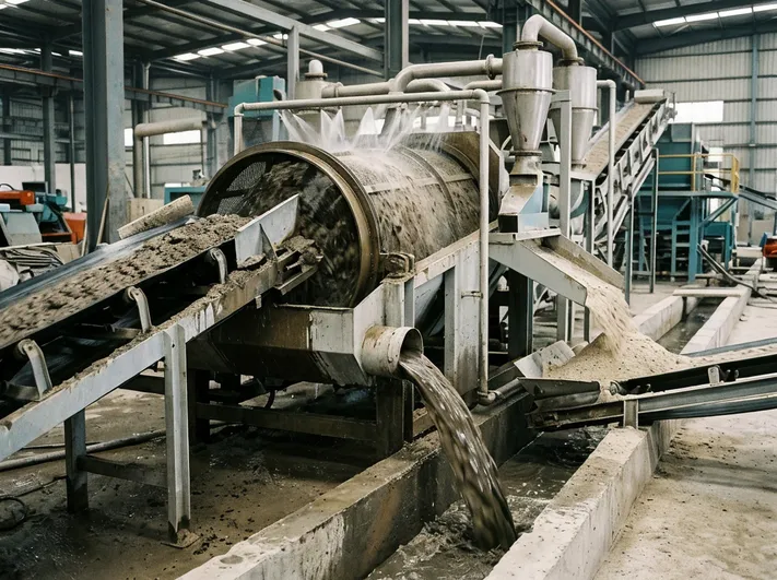 Clay sand washing line fines removal process showing sub-75-micron particle extraction