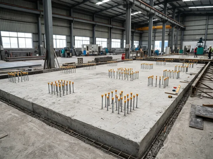Foundation preparation for clay sand washing line installation showing reinforced concrete slab with anchor bolt layout