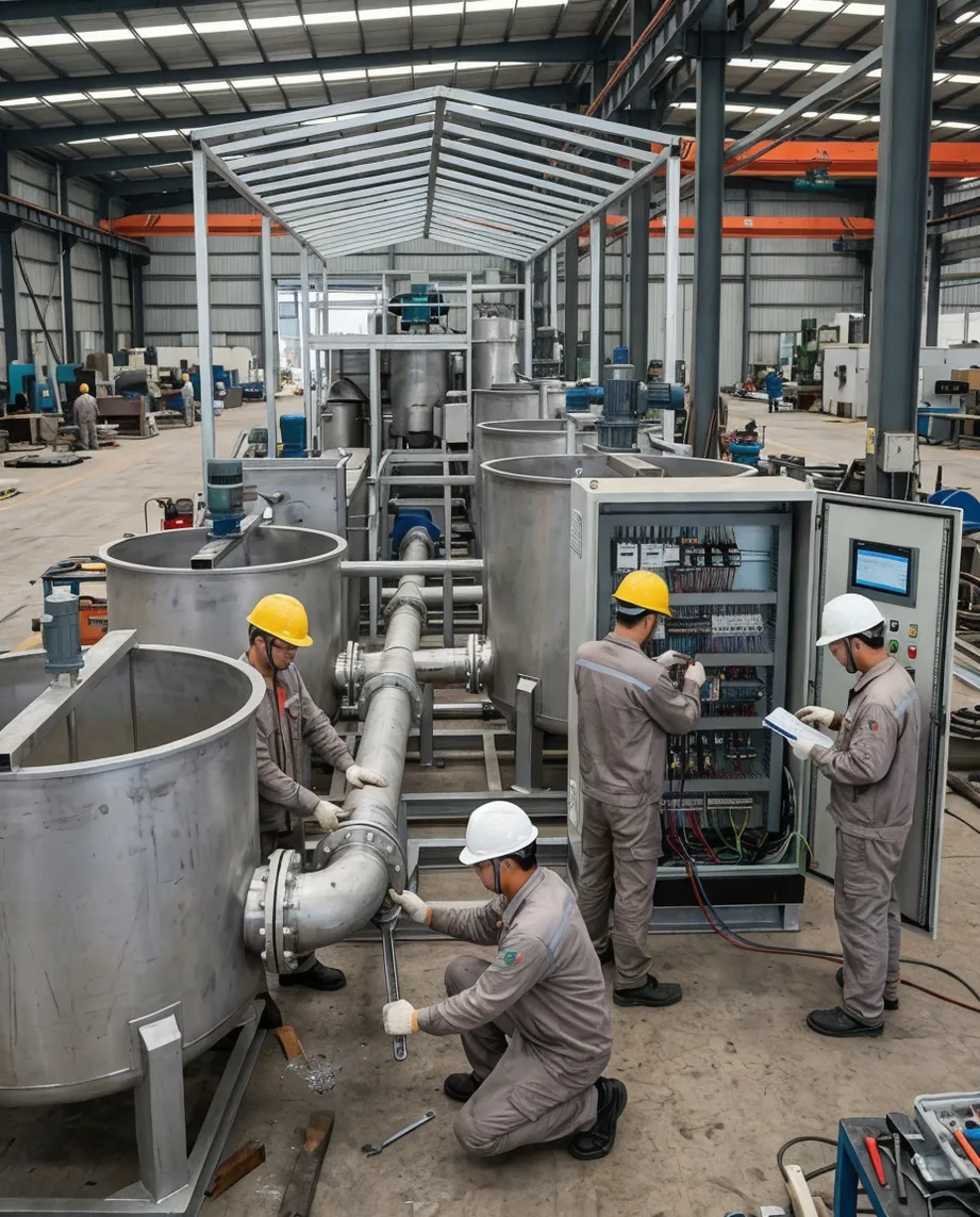 TZFoundry technicians installing a clay sand washing line — positioning tanks, connecting piping, and commissioning the control panel on site