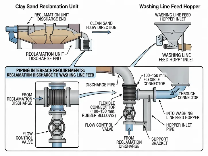 Diagram showing the discharge conveyor connection between a clay sand reclamation unit and washing line feed hopper with flexible connector and flow control valve