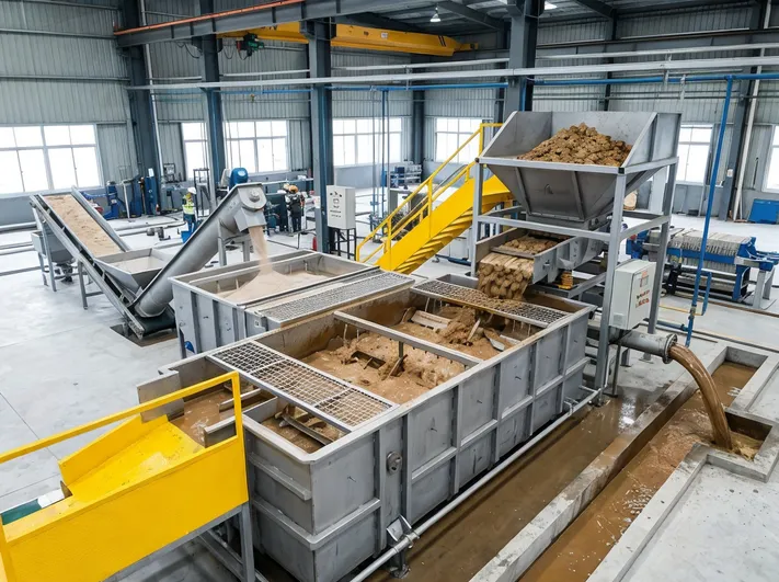 TZFoundry standalone clay sand washing system showing feed hopper, washing tank with agitation paddles, settling zone, and sludge discharge