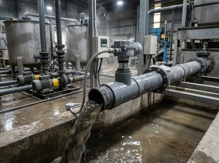 Turbidity sensor mounted on clay sand washing line discharge, measuring suspended solids concentration via optical transmission