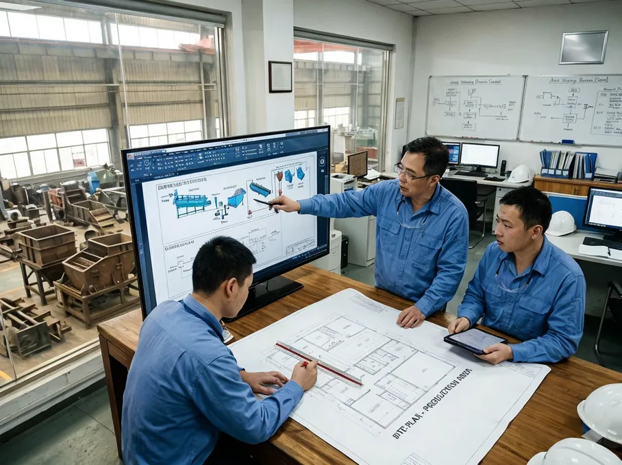 TZFoundry in-house engineering team customizing a clay sand washing line layout for a non-standard foundry floor plan