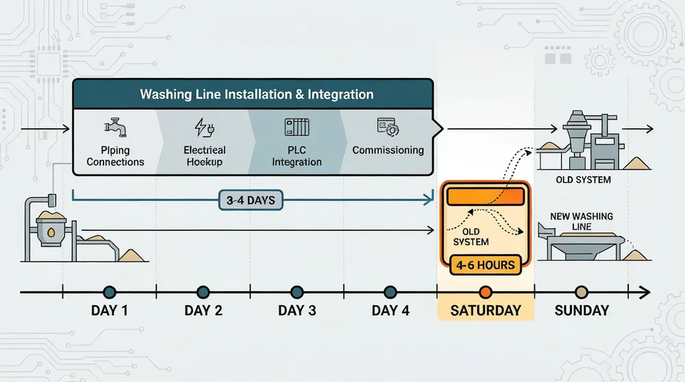 Installation timeline diagram showing 3-4 day washing line integration with weekend cutover window