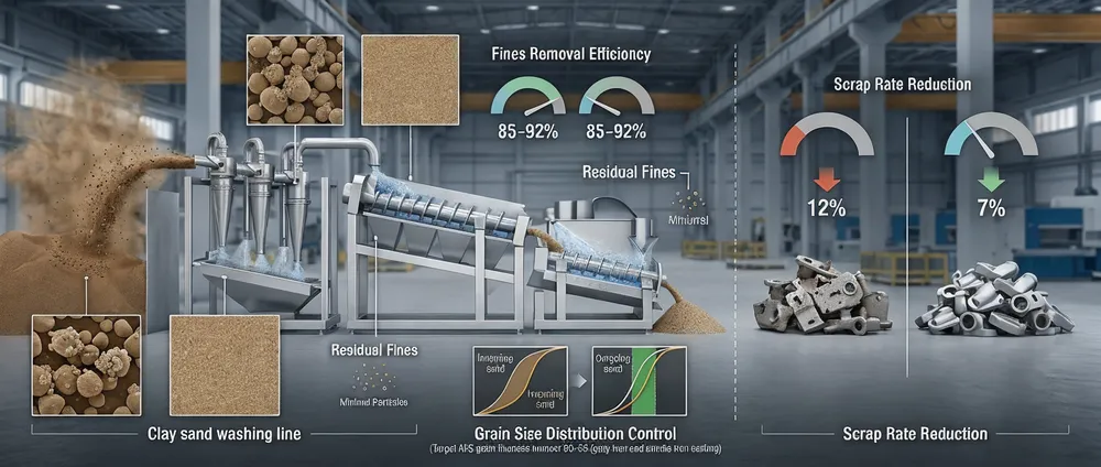 Clay sand washing line performance impact — scrap rate reduction through improved fines removal and grain quality control