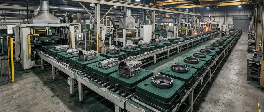 Automotive component foundry running a flaskless clay sand processing line at high volume — transmission housings and brake drums on automated mold conveyor