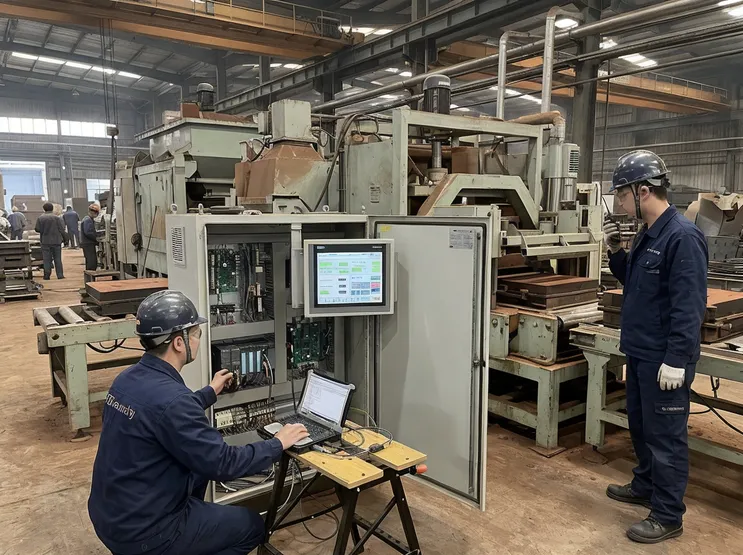 TZFoundry commissioning technicians calibrating PLC controls on a flaskless clay sand molding line